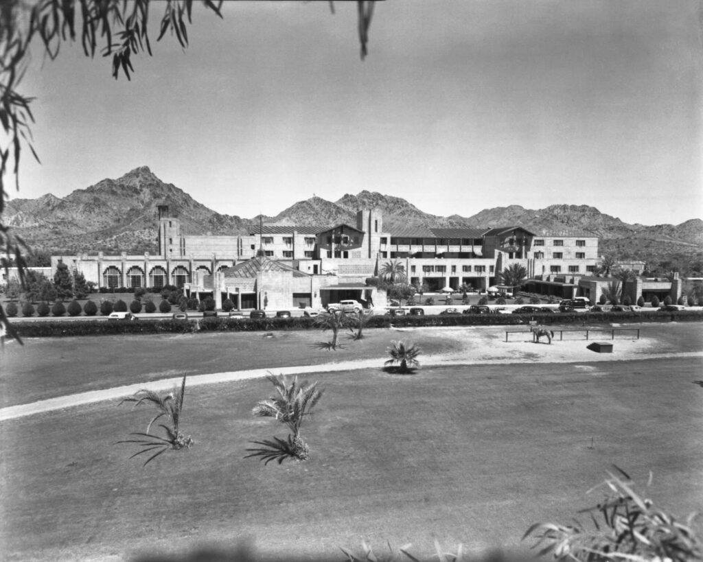 A black and white photo of the hotel